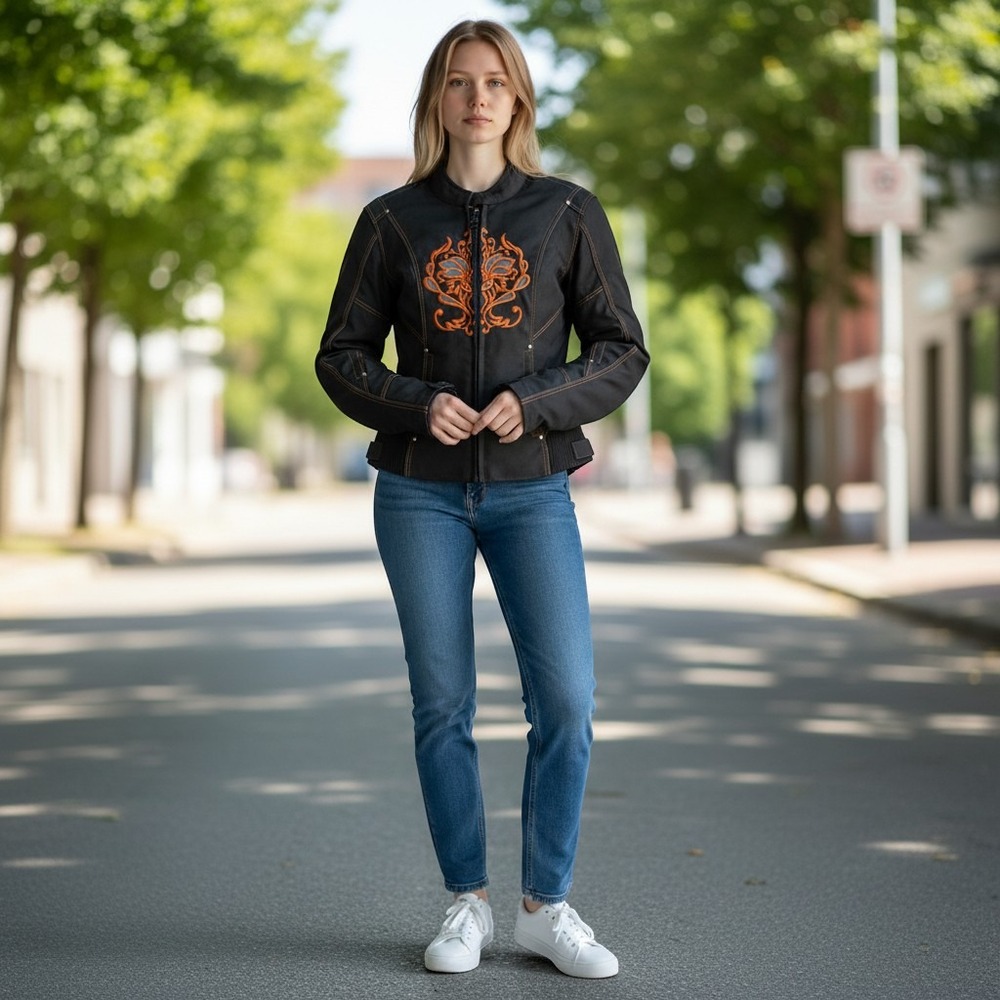 I-K Textiles Motorcycle Biker Jacket Women's 2XL Black/orangeFloral Embroidery